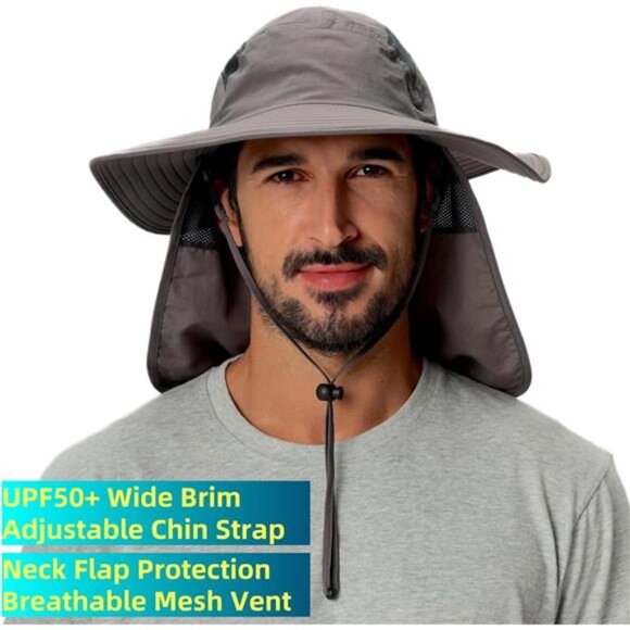 Mens UPF 50+ Sun Protection Cap Wide Brim Fishing Hat with Neck Flap Sun Hat - Picture 3 of 7